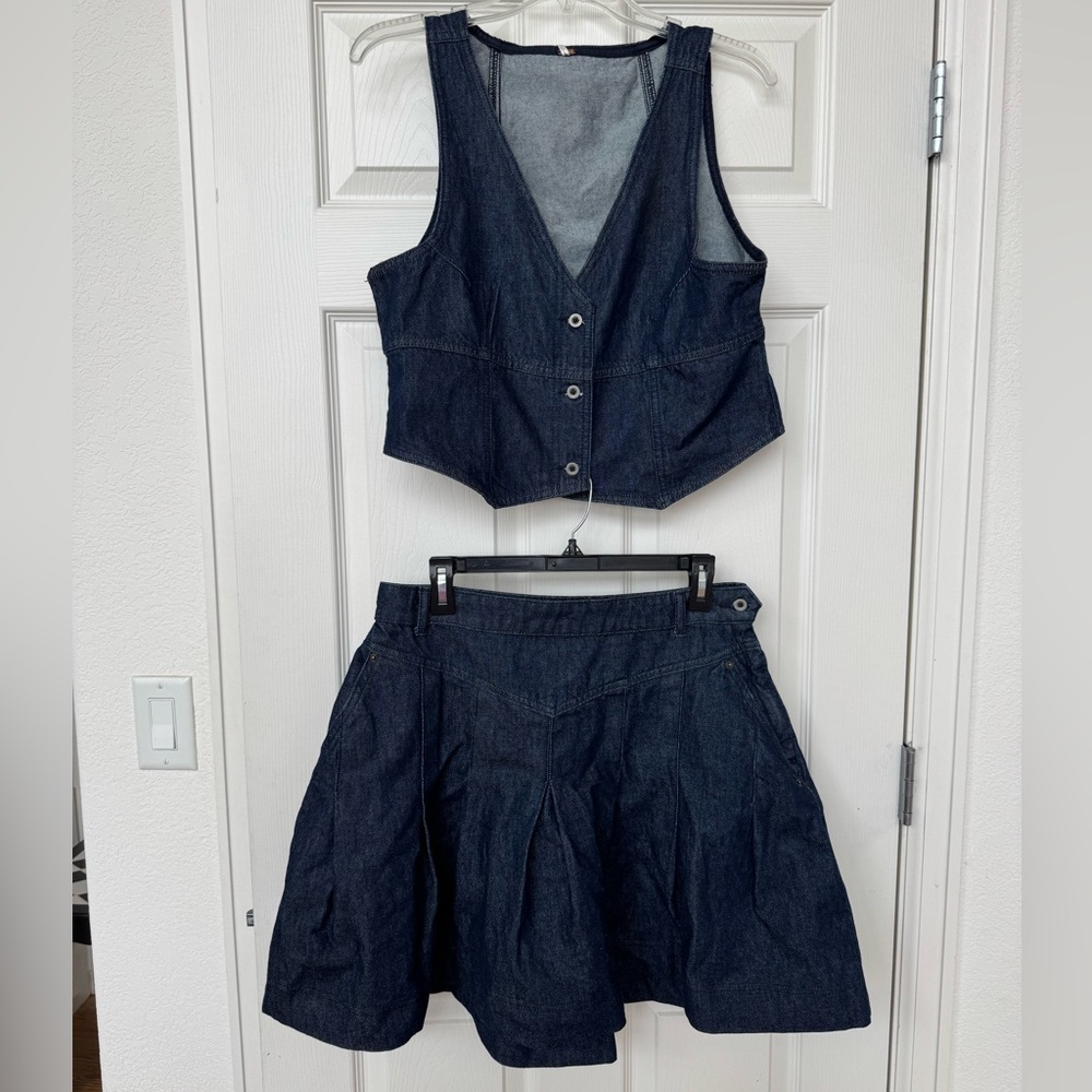 Free People Denim Vest and Skirt Set - Dark Blue